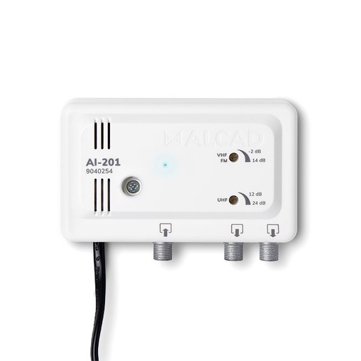 [9040254] AI-201 · Amplificador de apartamento 1 entrada, 2 salidas, UHF-VHF/S, ganancia UHF 24 dB, ganancia VHF/S 14 dB