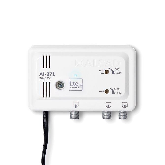 AI-271 · Amplificador de apartamento 1 entrada, 2 salidas, UHF-VHF/S, ganancia UHF 24 dB, ganancia VHF/S 14 dB, rechazo LTE700