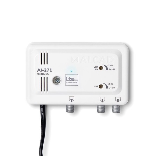[9040255] AI-271 · Amplificador de apartamento 1 entrada, 2 salidas, UHF-VHF/S, ganancia UHF 24 dB, ganancia VHF/S 14 dB, rechazo LTE700