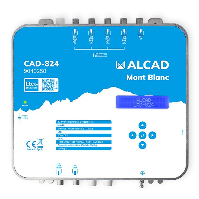 CAD-824 · Central de amplificación digital programable, 5 entradas, 1 salida, 4xUHF/BIII, BI/FM, 32 filtros, auto ajuste, CAG, con