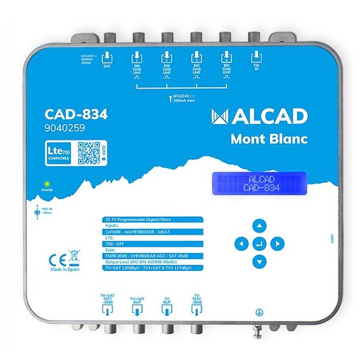 [9040259] CAD-834 · Central de amplificación digital programable, 6 entradas, 1 o 2 salidas, SAT, 4xUHF/BIII, BI/FM, 32 filtros, auto ajuste