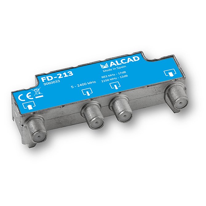 FD-213 · Derivador 2 salidas, de 17 dB (862 MHz), 5 a 2400 MHz, compensado, blindado, con conector F