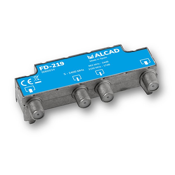 FD-219 · Derivador 2 salidas, de 24 dB (862 MHz), 5 a 2400 MHz, compensado, blindado, con conector F