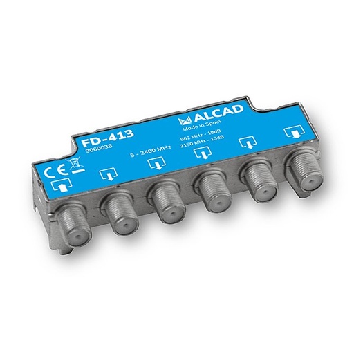 [9060038] FD-413 · Derivador 4 salidas, de 18 dB (862 MHz), 5 a 2400 MHz, compensado, blindado, con conector F