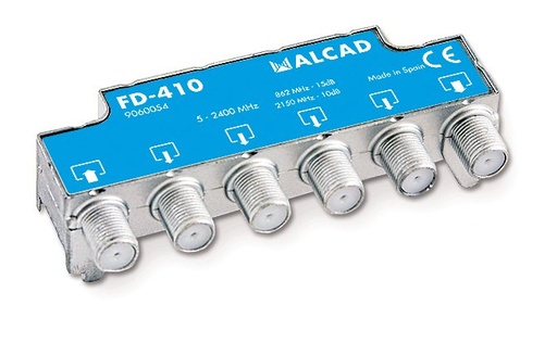 [9060054] FD-410 · Derivador 4 salidas, de 15 dB (862 MHz), 5 a 2400 MHz, compensado, blindado, con conector F