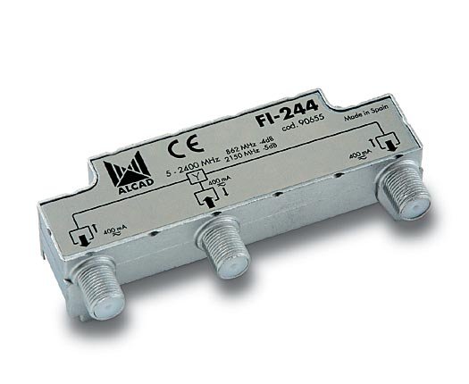 FI-244 · Distribuidor 2 salidas, de 4,5 dB (862 MHz), 5 a 2400 MHz, con P.C., blindado, con conector F