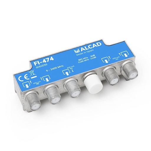 [9060056] FI-474 · Distribuidor 4 salidas, de 9 dB (862 MHz), 5 a 2400 MHz, con P.C., blindado, con conector F