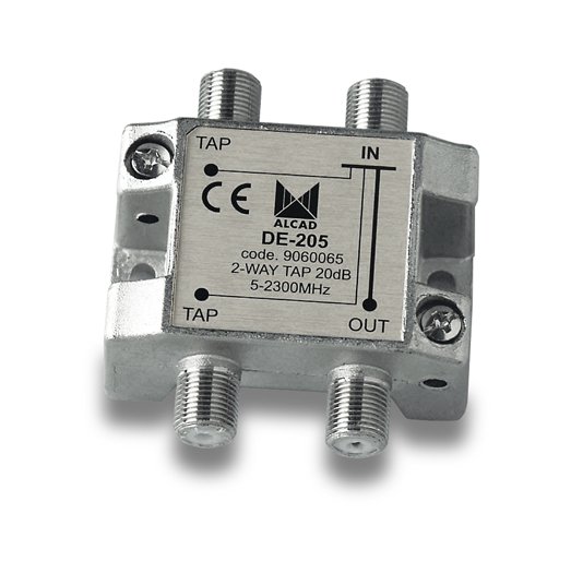 DE-205 · Derivador 2 salidas de 20 dB a 862 MHz, bande 5 a 2400 MHz, blindado, con conector F
