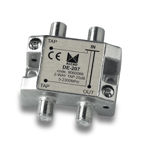 DE-207 · Derivador 2 salidas de 25 dB a 862 MHz, banda 5 a 2400 MHz, blindado, con conector F
