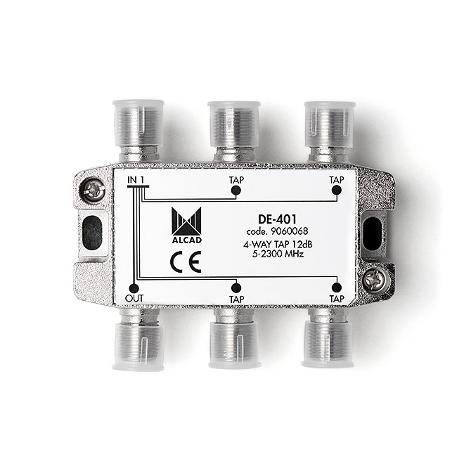 DE-401 · Derivador 4 salidas de 12 dB a 862 MHz, banda 5 a 2400 MHz, blindado, con conector F