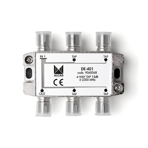[9060068] DE-401 · Derivador 4 salidas de 12 dB a 862 MHz, banda 5 a 2400 MHz, blindado, con conector F