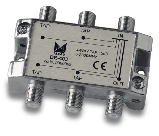 DE-403 · Derivador 4 salidas de 15 dB a 862 MHz, banda 5 a 2400 MHz, blindado, con conector F