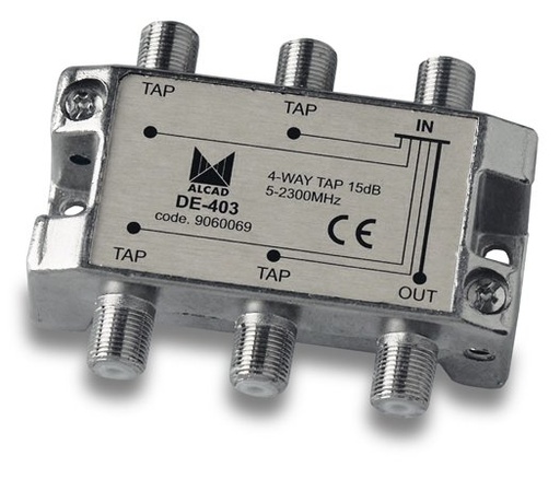[9060069] DE-403 · Derivador 4 salidas de 15 dB a 862 MHz, banda 5 a 2400 MHz, blindado, con conector F