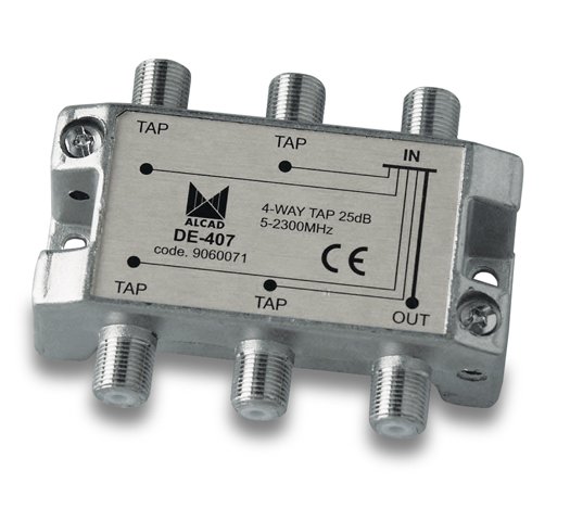 DE-407 · Derivador 4 salidas de 25 dB a 862 MHz, banda 5 a 2400 MHz, blindado, con conector F