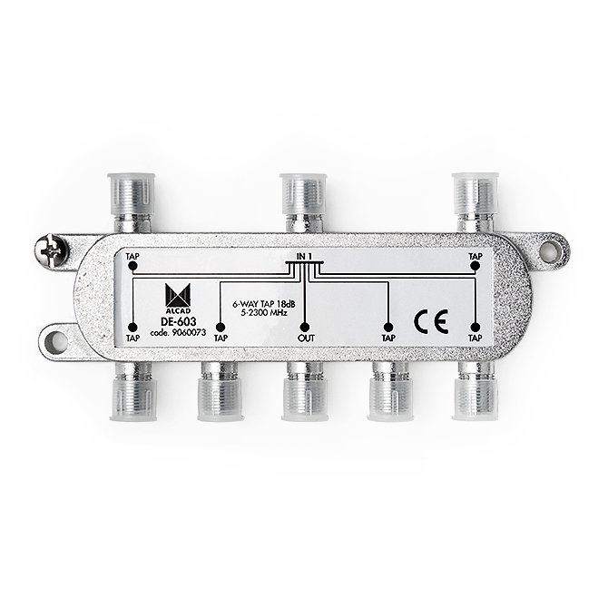 DE-603 · Derivador 6 salidas de 18 dB a 862 MHz, banda 5 a 2400 MHz, blindado, con conector F