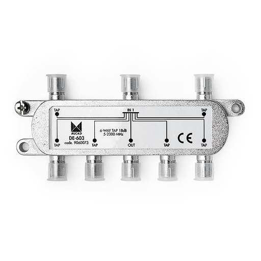 [9060073] DE-603 · Derivador 6 salidas de 18 dB a 862 MHz, banda 5 a 2400 MHz, blindado, con conector F