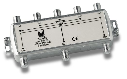DE-605 · Derivador 6 salidas de 20 dB a 862 MHz, banda 5 a 2400 MHz, blindado, con conector F