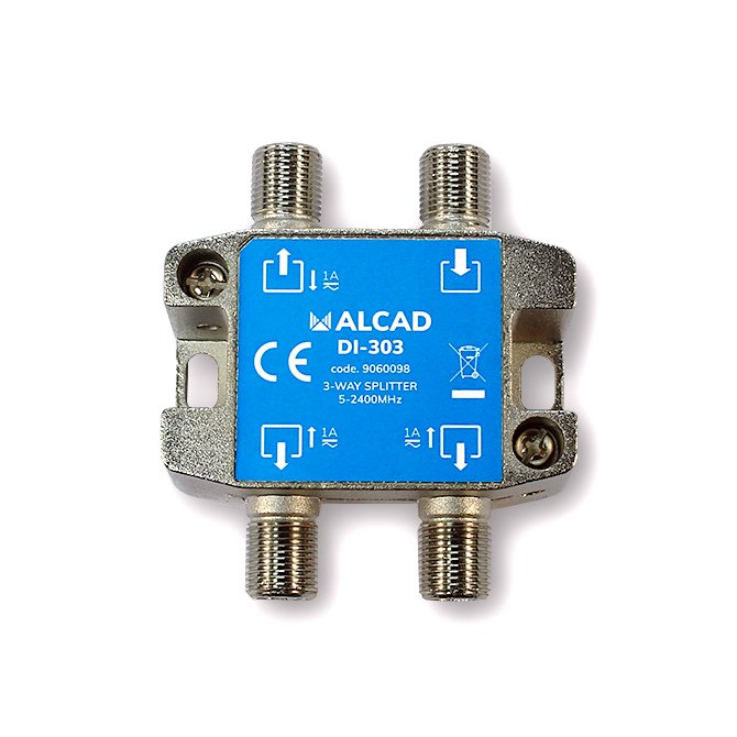 DI-303 · Distribuidor 3 salidas, de 8 dB (862 MHz), 5 a 2400 MHz, con P.C., blindado, con conector F