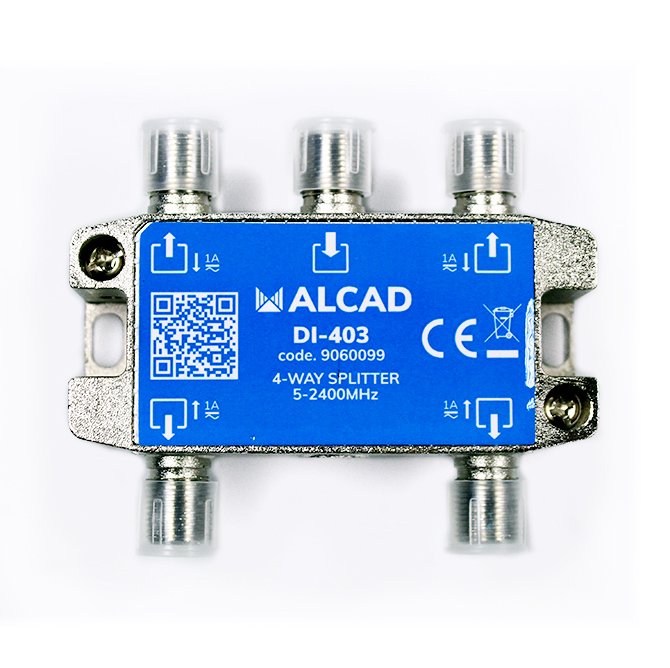 DI-403 · Distribuidor 4 salidas, de 9 dB (862 MHz), 5 a 2400 MHz, con P.C., blindado, con conector F