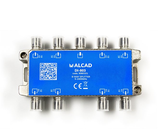 DI-803 · Distribuidor 8 salidas, de 12,5 dB (862 MHz), 5 a 2400 MHz, con P.C., blindado, con conector F