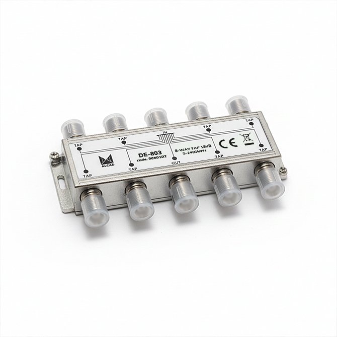 DE-803 · Derivador 8 salidas de 18 dB a 862 MHz, banda 5 a 2400 MHz, blindado, con conector F