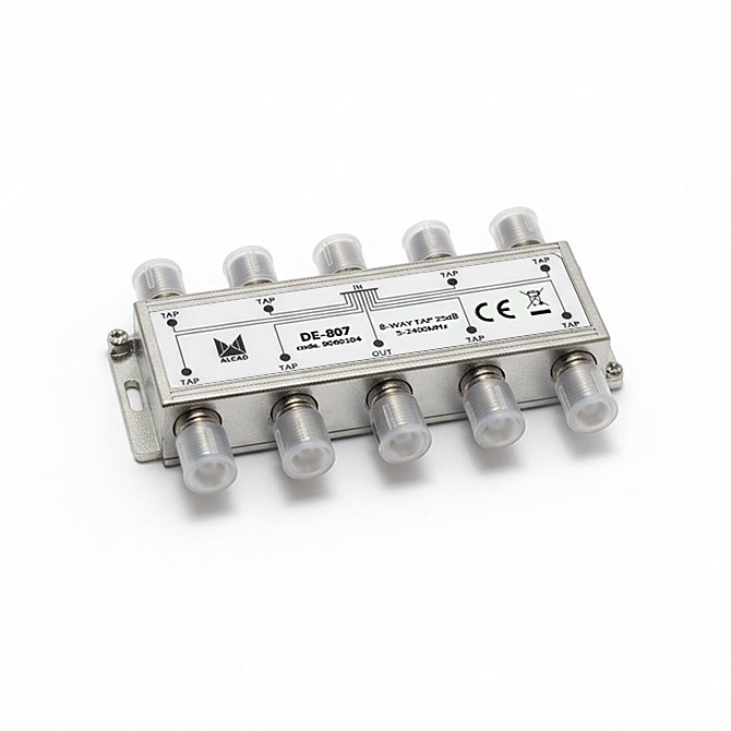 DE-807 · Derivador 8 salidas de 25 dB a 862 MHz, banda 5 a 2400 MHz, blindado, con conector F