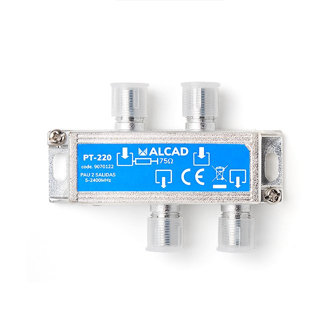 PT-220 · Punto de acceso al usuario con distribuidor de 2 salidas, de 5 dB (862 MHz), 5 a 2400 MHz, blindado, con conector F