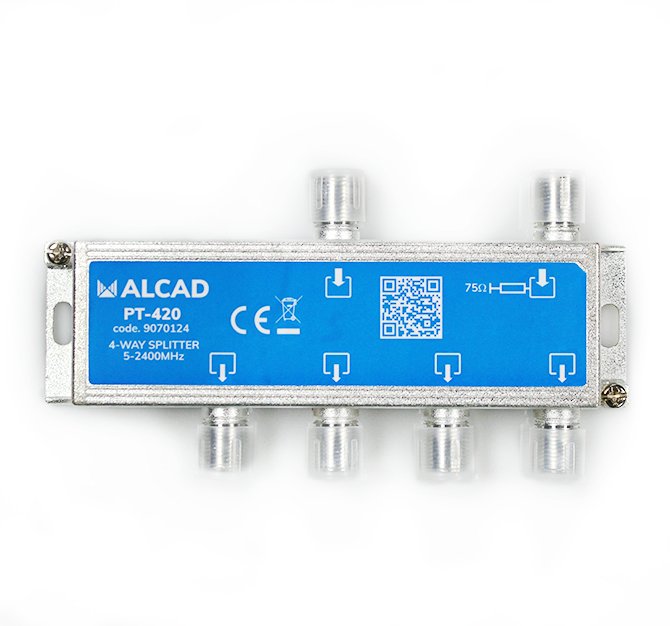 PT-420 · Punto de acceso al usuario con distribuidor de 4 salidas, de 9,5 dB (862 MHz), 5 a 2400 MHz, blindado, con conector F