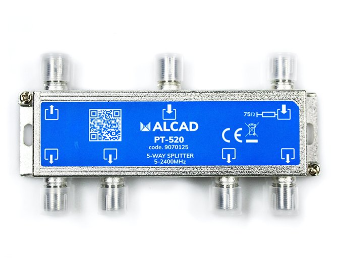 PT-520 · Punto de acceso al usuario con distribuidor de 5 salidas, de 12,5 dB (862 MHz), 5 a 2400 MHz, blindado, con conector F