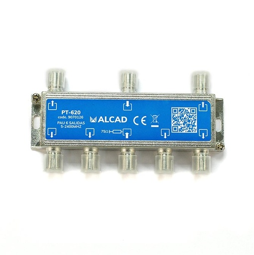 [9070126] PT-620 · Punto de acceso al usuario con distribuidor de 6 salidas, de 13 dB (862 MHz), 5 a 2400 MHz, blindado, con conector F