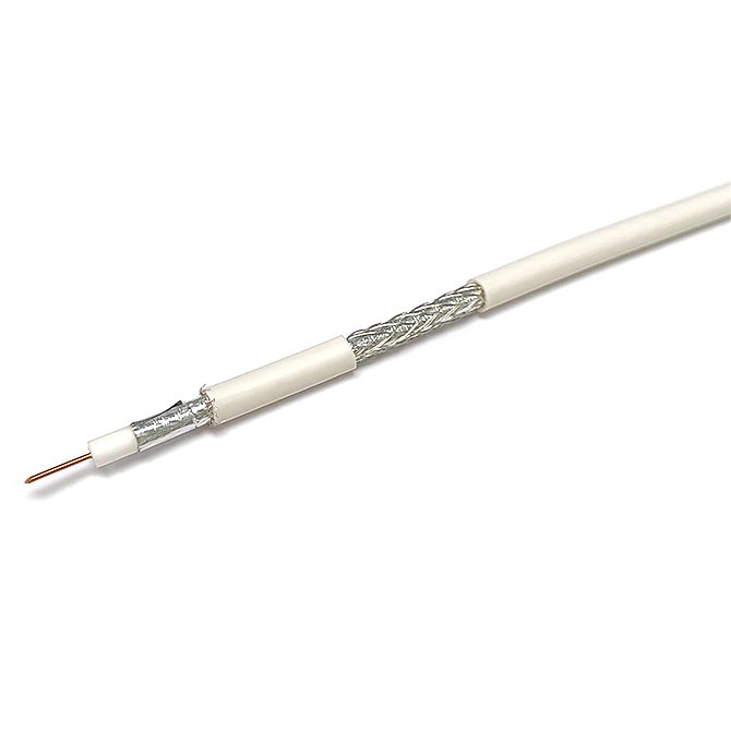 CE-754 · Cable coaxial ø 6,7 mm, 75 Ohm, 17 dB/100 m a 800 MHz, 32 dB/100 m a 2150 MHz, CCS/Al/Al, PVC blanco, bobina 100 m