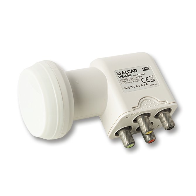 UE-404 · LNB quattro universal, 4 salidas, figura de ruido 0,6 dB, banda Ku