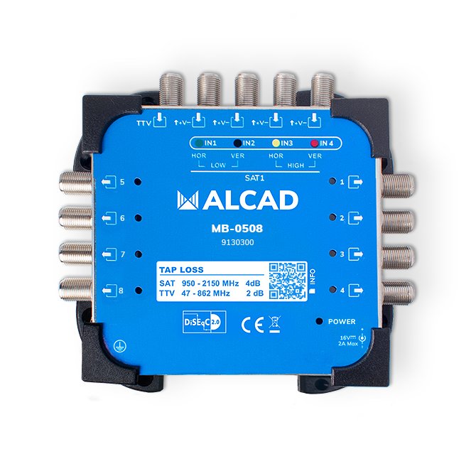MB-0508 · Multiconmutador final 5x8, 4 polaridades y TV con 8 salidas, banda terrestre activa, incluye alimentador EU