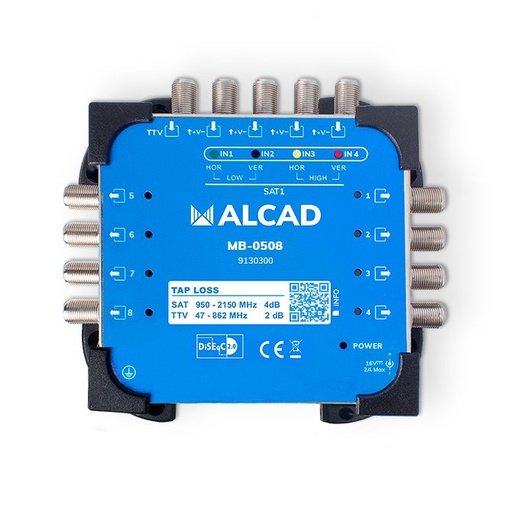 [9130300] MB-0508 · Multiconmutador final 5x8, 4 polaridades y TV con 8 salidas, banda terrestre activa, incluye alimentador EU