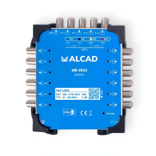 [9130301] MB-0512 · Multiconmutador final 5x12, 4 polaridades y TV con 12 salidas, banda terrestre activa, incluye alimentador EU