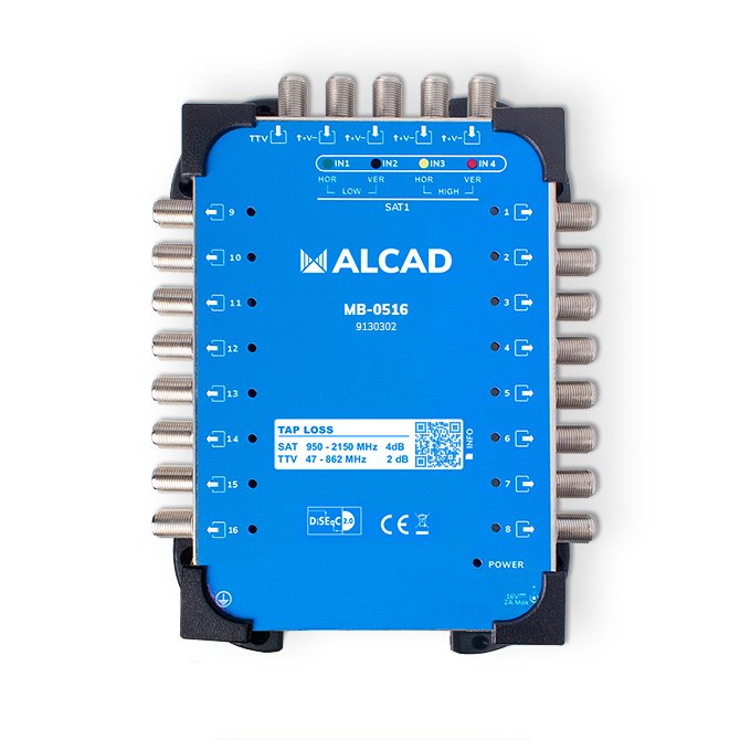 MB-0516 · Multiconmutador final 5x16, 4 polaridades y TV con 16 salidas, banda terrestre activa, incluye alimentador EU