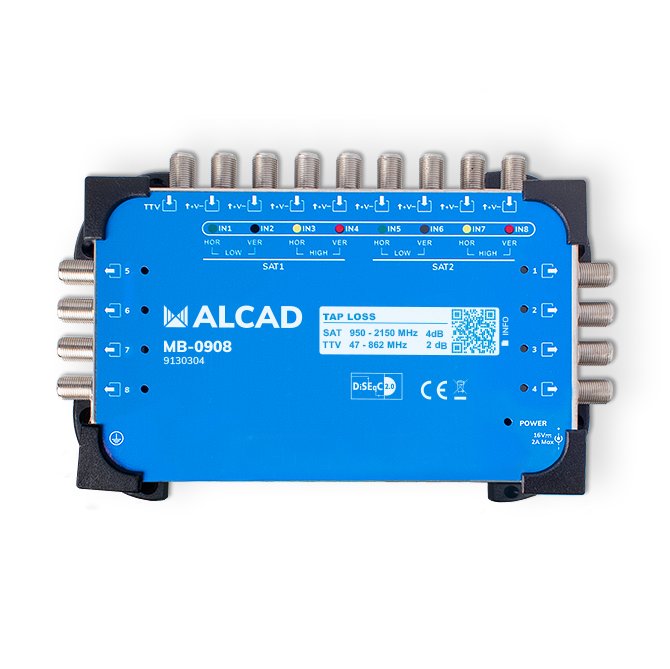 MB-0908 · Multiconmutador final 9x8, 8 polaridades y TV con 8 salidas, DiSEqC 2.0, banda terrestre activa, incluye alimentador EU