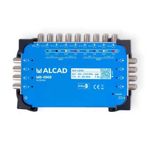 [9130304] MB-0908 · Multiconmutador final 9x8, 8 polaridades y TV con 8 salidas, DiSEqC 2.0, banda terrestre activa, incluye alimentador EU