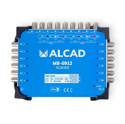 [9130305] MB-0912 · Multiconmutador final 9x12, 8 polaridades y TV con 12 salidas, DiSEqC 2.0, banda terrestre activa, incluye alimentador E