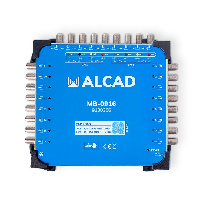 MB-0916 · Multiconmutador final 9x16, 8 polaridades y TV con 16 salidas, DiSEqC 2.0, banda terrestre activa, incluye alimentador E