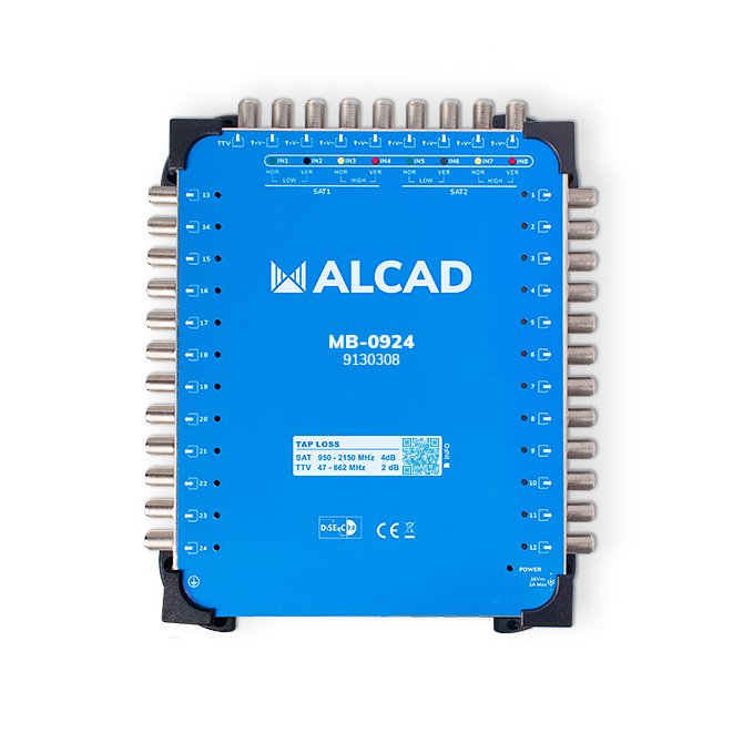 MB-0924 · Multiconmutador final 9x24, 8 polaridades y TV con 24 salidas, DiSEqC 2.0, banda terrestre activa, incluye alimentador E