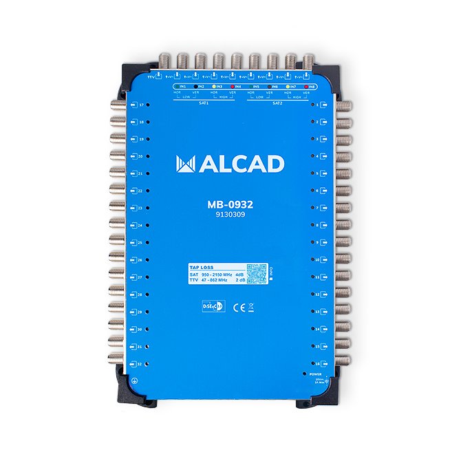 MB-0932 · Multiconmutador final 9x32, 8 polaridades y TV con 32 salidas, DiSEqC 2.0, banda terrestre activa, incluye alimentador E