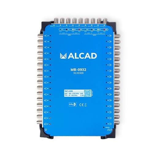 [9130309] MB-0932 · Multiconmutador final 9x32, 8 polaridades y TV con 32 salidas, DiSEqC 2.0, banda terrestre activa, incluye alimentador E