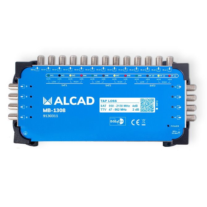 MB-1308 · Multiconmutador final 13x8, 12 polaridades y TV con 8 salidas, DiSEqC 2.0, banda terrestre activa, incluye alimentador E