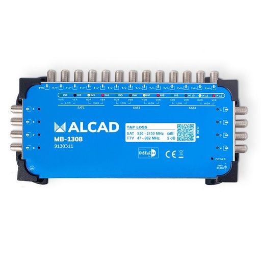 [9130311] MB-1308 · Multiconmutador final 13x8, 12 polaridades y TV con 8 salidas, DiSEqC 2.0, banda terrestre activa, incluye alimentador E