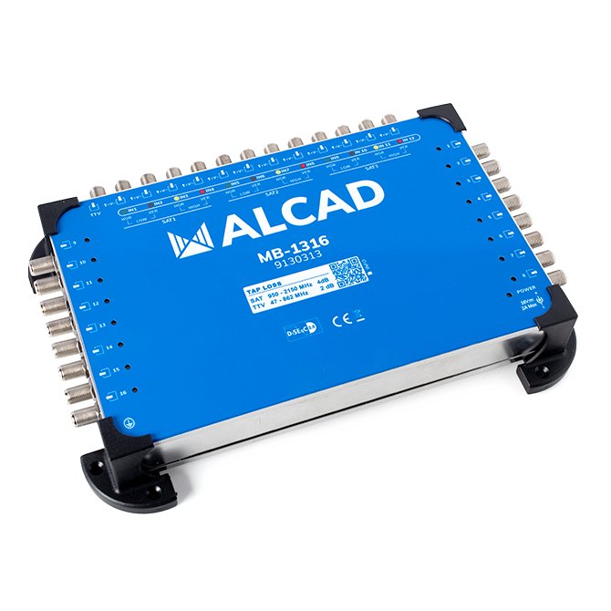MB-1316 · Multiconmutador final 13x16, 12 polaridades y TV con 16 salidas, DiSEqC 2.0, banda terrestre activa, incluye alimentador
