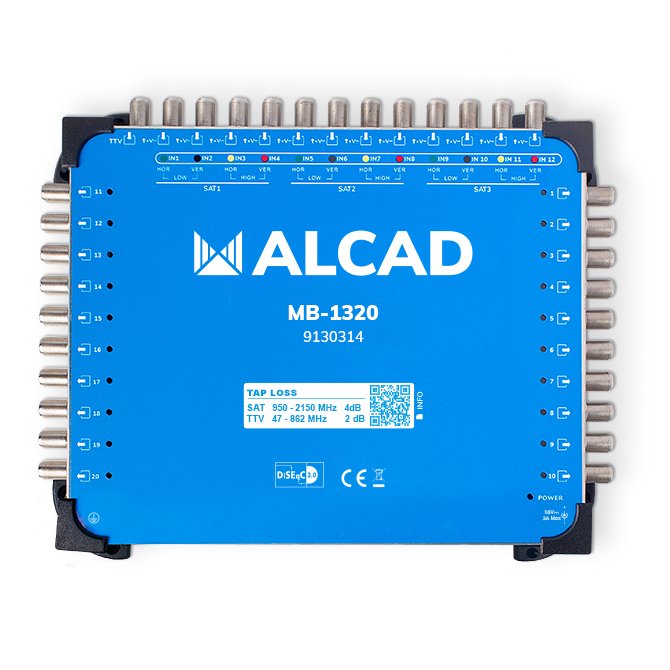 MB-1320 · Multiconmutador final 13x20, 12 polaridades y TV con 20 salidas, DiSEqC 2.0, banda terrestre activa, incluye alimentador