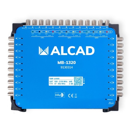 [9130314] MB-1320 · Multiconmutador final 13x20, 12 polaridades y TV con 20 salidas, DiSEqC 2.0, banda terrestre activa, incluye alimentador