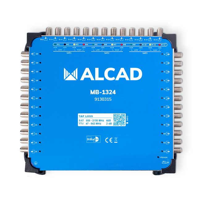 MB-1324 · Multiconmutador final 13x24, 12 polaridades y TV con 24 salidas, DiSEqC 2.0, banda terrestre activa, incluye alimentador