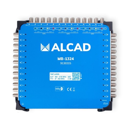 [9130315] MB-1324 · Multiconmutador final 13x24, 12 polaridades y TV con 24 salidas, DiSEqC 2.0, banda terrestre activa, incluye alimentador